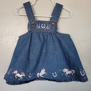 Baby Korral Girl Medium 18 Months Denim Overall Dress Jean Horse Horseshoe Pink